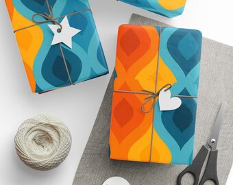 Droplets of Daze, Sunset, Mid-Century Retro Wrapping Paper in Teal, Orange & Gold