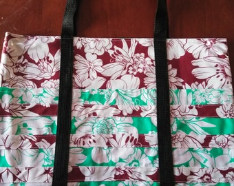 Large Flowered Oilcloth Bag with Pockets and Lining