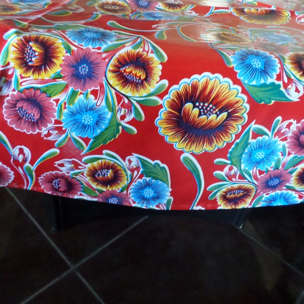 60" Round red with  flowers Tablecloth
