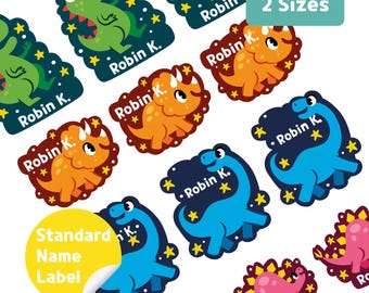 May include: A collection of colorful dinosaur-themed name labels. The labels feature various dinosaur illustrations in green, orange, blue, and pink, with the name "Robin K." printed on each. The labels come in two sizes, with a "Standard Name Label" sticker.
