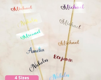 May include: Clear stickers with names in various foil colours, including "Michael", "Amelia", "Nicholas", and "Benjamin". The stickers are displayed on wooden skewers. The image also shows the text "4 Sizes 10 Foil Colors".