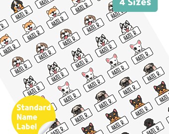 May include: Sheet of stickers featuring various dog breeds, each holding a sign that reads "HAZEL B." The stickers are white with black borders and the text is in black. The image also includes text that says "4 Sizes" and "Standard Name Label".