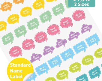 May include: Sheet of colorful name labels in various shapes, including speech bubbles and cloud designs. Each label features the name "Maya Young" in a white font. The labels come in two sizes and two types, with a "Standard Name Label" sticker in the corner.