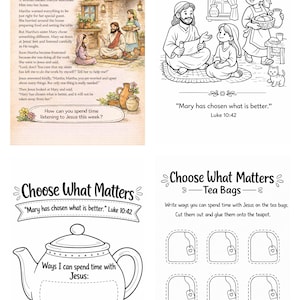 May include: A children's activity sheet featuring illustrations and text about Mary and Martha. The sheet includes a Bible story, colouring pages, and prompts for reflection. The text reads "Mary has chosen what is better."