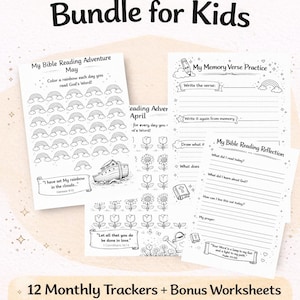 Puede incluir: Paquete de lectura bíblica para niños. Hojas de trabajo imprimibles con rastreadores mensuales y páginas de bonificación. Las páginas incluyen indicaciones para la lectura de la Biblia, la práctica de versículos de memoria y la reflexión. Contiene el texto "Bible Reading Bundle for Kids".