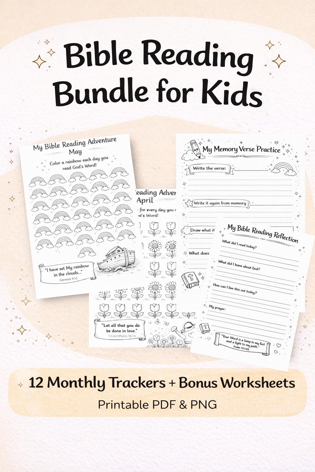 Scripture Memory Tracker Bible Reading Tracker for Kids | Memory Verse Worksheet Bundle ...