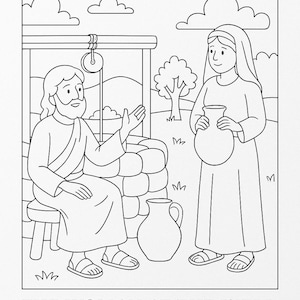 Peut inclure: Dessin au trait en noir et blanc d'une scène biblique, représentant un homme et une femme à un puits. Le texte "THE WOMAN AT THE WELL" et un verset biblique sont inclus.