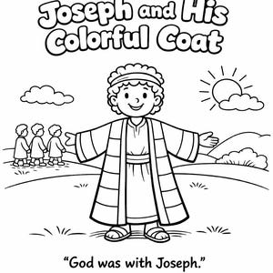 May include: Black and white line drawing of a coloring page titled "Joseph and His Colorful Coat." The image features a cartoon figure in a long coat, with text that reads "God was with Joseph."