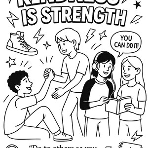 Könnte beinhalten: Schwarz-Weiß-Illustration mit dem Text „KINDNESS IS STRENGTH“. Das Bild zeigt mehrere Personen, einen Turnschuh, Kopfhörer, ein Notizbuch und Blitze. Das Zitat „Behandelt andere so, wie ihr von ihnen behandelt werden wollt.“ ist ebenfalls enthalten.
