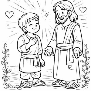 May include: Black and white line art coloring page featuring two figures, one with a beard and long hair, the other a young boy. The page includes the text "Blessed are those who have not seen and yet have believed. - John 20:29."