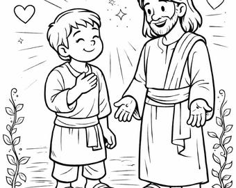 May include: Black and white line art coloring page featuring two figures, one with a beard and long hair, the other a young boy. The page includes the text "Blessed are those who have not seen and yet have believed. - John 20:29."