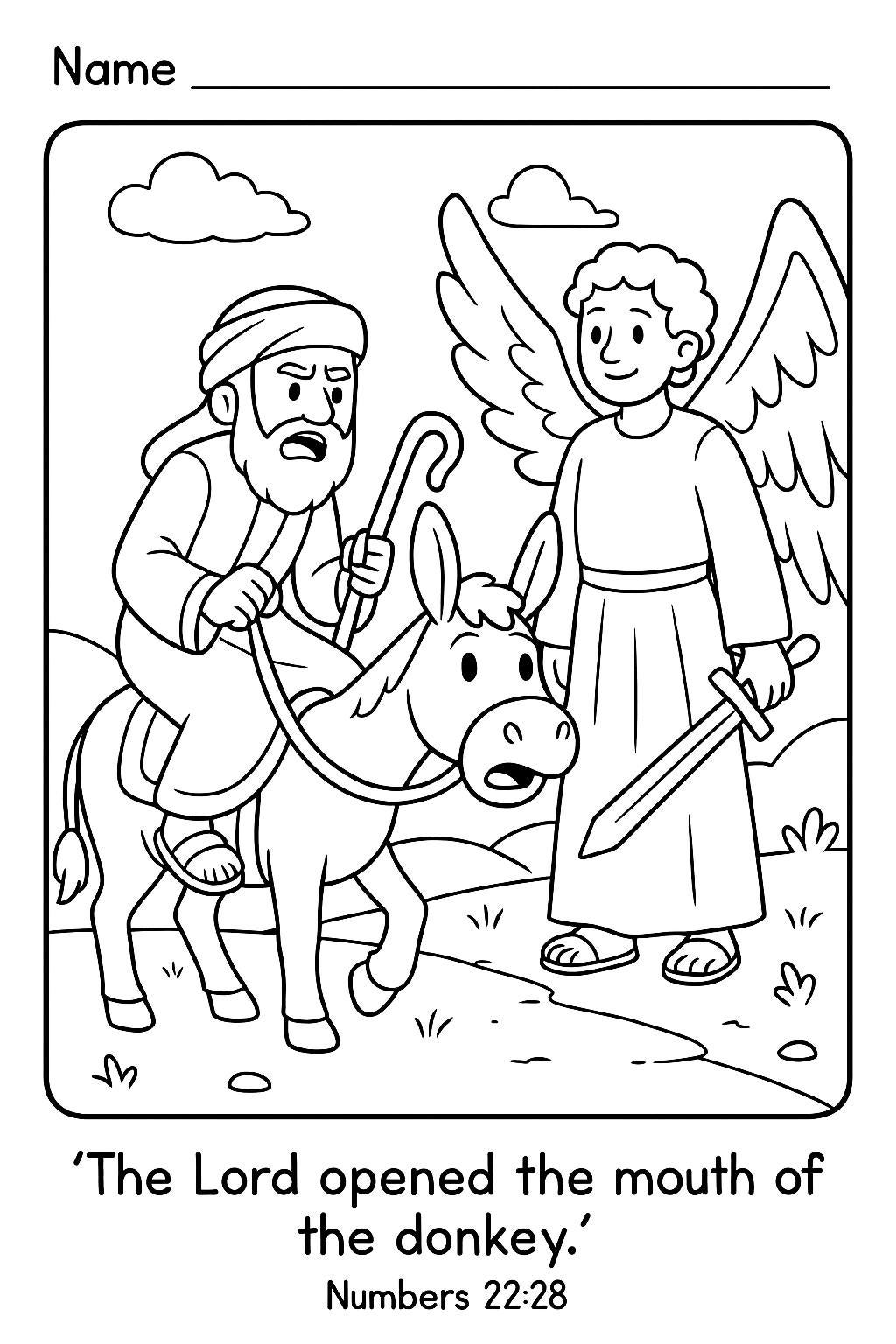 Balaam and the Talking Donkey Coloring Page | Unique Bible Story for Kids | Printable Christian Activity | Numbers 22:28
