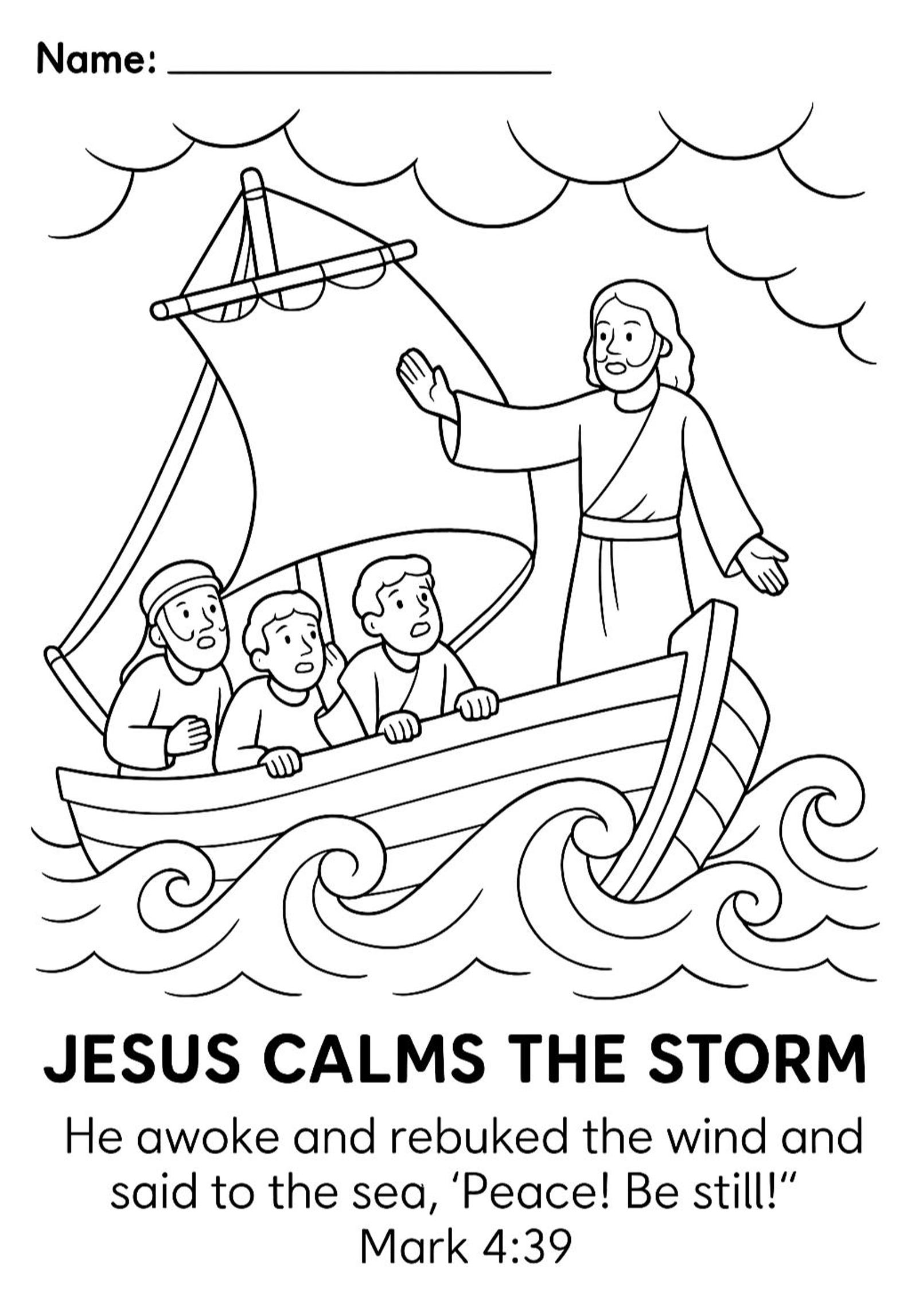 Jesus Calms the Storm Printable Set: Coloring Page, Story, Poster (PNG
