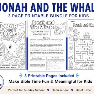 May include: A children's printable bundle about Jonah and the Whale, featuring three pages with illustrations and activities. The bundle is designed for Sunday school, home schooling, and quiet time. The text includes "Jonah and The Whale" and "3 Printable Pages Included".