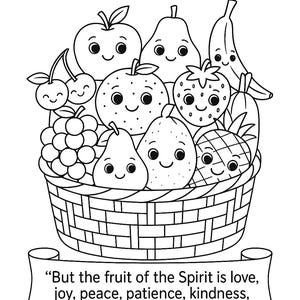 Może przedstawiać: Czarno-biały rysunek kosza wypełnionego uśmiechniętymi owocami, w tym jabłkami, gruszkami i truskawkami. Tekst "FRUIT OF THE SPIRIT" znajduje się na górze, a pod nim werset biblijny.