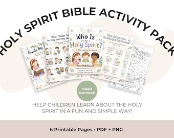 Può includere: Un set di sei pagine stampabili per bambini, intitolato "Holy Spirit Bible Activity Pack". Le pagine presentano illustrazioni e testo, tra cui "Who Is the Holy Spirit?" e "The Spirit in Me". Il pacchetto è progettato per aiutare i bambini a conoscere lo Spirito Santo.
