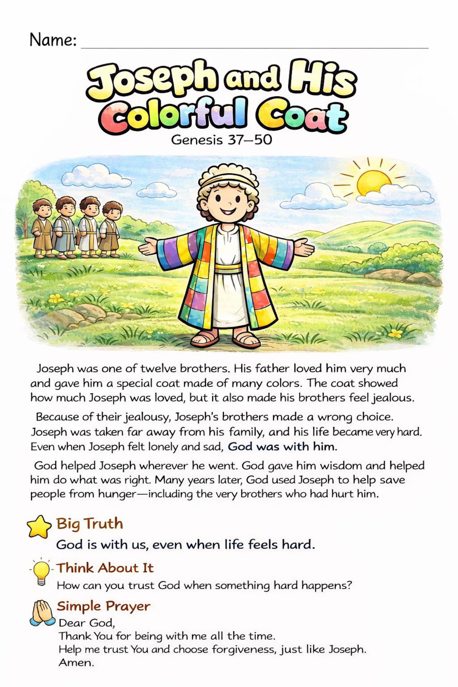 Joseph and His Colorful Coat Coloring Page & Bible Story for Kids ...