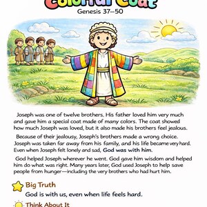 Joseph and His Colorful Coat Coloring Page & Bible Story for Kids ...