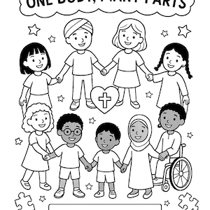 May include: Black and white line drawing of diverse children holding hands, with a cross and stars. Text reads "ONE BODY, MANY PARTS" and "We are many parts of one body, but we all belong to each other. -Romans 12:5".