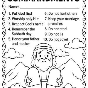 May include: Black and white line art illustration of "The Ten Commandments" with a decorative border. The image features text listing the commandments and a cartoon depiction of a man holding tablets. Includes space for a name.