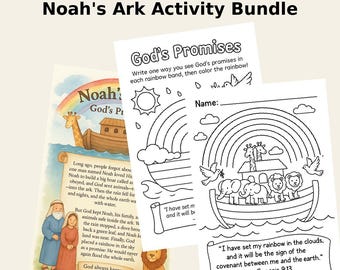Noah’s Ark Activity Bundle | Bible Story, Coloring Page & Rainbow Writing Activity | Printable Kids Bible Lesson