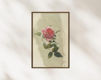 May include: A framed floral print featuring a watercolor painting of a pink rose with green leaves and stem. The artwork has a vintage aesthetic, with a soft, muted color palette and a light green background.