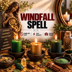 May include: Three textured pillar candles in green, gold, and green, each resting in a dark bowl. The image features the text WINDFALL SPELL, SAME DAY CAST, FAST RESULTS, and PHOTO PROOF, alongside a statue, coins, crystals, and cinnamon sticks.