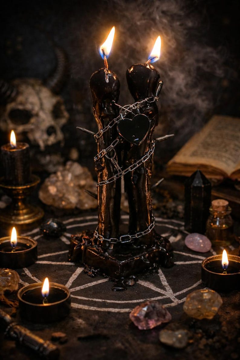 Puede incluir: Dos velas cil&iacute;ndricas negras y altas est&aacute;n colocadas una al lado de la otra, ambas encendidas con llamas brillantes. Una cadena de metal plateado envuelve ambas velas, asegurando un peque&ntilde;o dije negro en forma de coraz&oacute;n en el centro. Varios pinchos met&aacute;licos afilados sobresalen de los lados de los pilares de cera, que se asientan sobre una base cuadrada oscura.