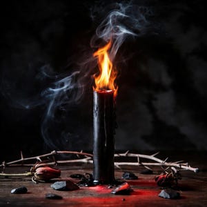 May include: A tall black pillar candle with a bright orange flame and swirling white smoke. The candle is surrounded by a thorny branch, two dried red rosebuds, and several small black stones on a dark wooden surface.