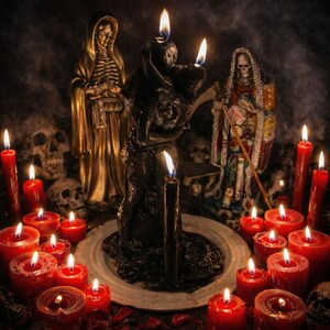 Puede incluir: Una vela negra con forma de dos figuras abrazadas, colocada sobre un plato blanco rodeado de numerosas velas rojas. Al fondo, una figura esquel&eacute;tica dorada y otra colorida se encuentran junto a varias calaveras humanas.