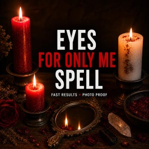 May include: Three lit candles in dark metal holders, one white and two red, arranged around a small ornate hand mirror. The text EYES FOR ONLY ME SPELL and FAST RESULTS PHOTO PROOF is centered. A clear crystal and red rose petals are visible.