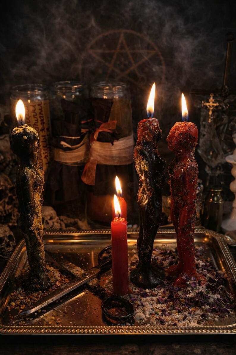 Puede incluir: Tres velas con forma humana en negro y rojo, cada una con una llama encendida, se alzan sobre una bandeja met&aacute;lica junto a una vela de pilar roja m&aacute;s peque&ntilde;a y unas tijeras de metal. Las velas tienen textura de hierbas y purpurina, rodeadas de p&eacute;talos.