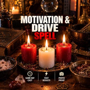 May include: Two red pillar candles and one white pillar candle with lit wicks on a dark circular tray. The text MOTIVATION & DRIVE SPELL is displayed above the candles, with icons for same day cast, fast results, and photo proof below.