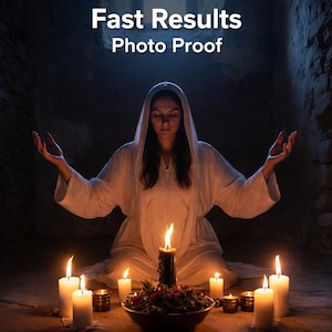 Puede incluir: Una mujer con una túnica blanca con capucha está sentada rodeada de velas encendidas y un cuenco con flores. El texto "Fast Results Photo Proof" está en la parte superior de la imagen. La escena está tenuemente iluminada, creando una atmósfera mística.
