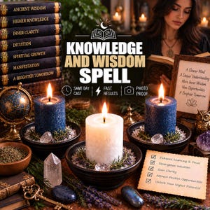 May include: Two dark blue textured pillar candles and one white pillar candle, each placed in a black bowl with small crystals and greenery. The scene includes a stack of books, a globe, an owl figurine, crystals, and a key on a wooden surface.