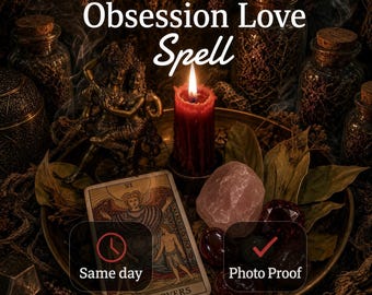 May include: A dark metal tray holds a red pillar candle, a bronze-toned figurine of two figures, a Lovers tarot card, a raw rose quartz crystal, and dark polished stones. Text reads Obsession Love Spell, Same day, and Photo Proof.