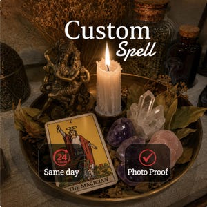 May include: A brass tray containing a lit white candle, a bronze-colored figurine of two figures, a clear quartz cluster, amethyst and rose quartz stones, dried leaves, and a tarot card labeled The Magician with text reading Custom Spell.