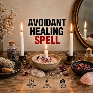 May include: A ritual setup featuring three white taper candles in bronze holders, a ceramic bowl filled with pink salt and dried petals, a clear quartz crystal, a sage bundle, and glass jars. Text reads AVOIDANT HEALING SPELL, SAME DAY CAST, FAST RESULTS, PHOTO PROOF.