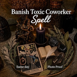 May include: A round tray holds a dark purple pillar candle, a bronze-colored figurine, a tarot card labeled The Tower, a small open book, a white feather, and black crystals. Text reads Banish Toxic Coworker Spell, Same day, and Photo Proof.