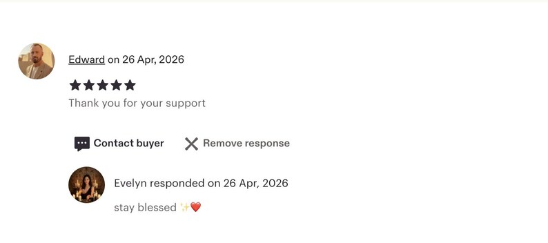 Puede incluir: Una interfaz de rese&ntilde;a de cliente digital con una calificaci&oacute;n de cinco estrellas de Edward el 26 de abril de 2026, con el texto Thank you for your support, seguido de una respuesta de Evelyn el 26 de abril de 2026, que dice stay blessed con un emoji.