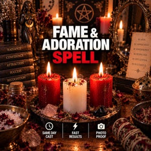 May include: Two red candles and one white candle arranged on a circular tray, surrounded by crystals and dried petals. Text reads FAME & ADORATION SPELL, SAME DAY CAST, FAST RESULTS, PHOTO PROOF, and a list of attributes including RADIANCE and SUCCESS.