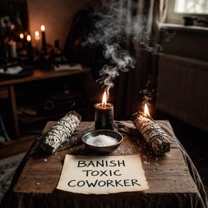 May include: A still life scene featuring a burning black candle, two bundles of sage, and a small bowl of salt on a wooden table. A piece of paper reads "Banish Toxic Coworker". Smoke rises from the sage bundles.