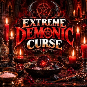 Könnte beinhalten: Eine dunkle, atmosphärische Szene mit dem Text EXTREME DEMONIC CURSE in fetter, roter, metallischer Schrift und einem Pentagramm-Symbol. Eine leuchtende rote Kugel liegt in einer zentralen Schale, umgeben von brennenden roten und schwarzen Kerzen.