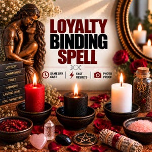 Könnte beinhalten: Ein Arrangement mit dem Text LOYALTY BINDING SPELL, einer bronzefarbenen Paargur, drei Kerzen in Rot, Schwarz und Weiß, einem Glas mit Pentagramm-Anhänger, einem Kristall, einem herzförmigen Stein und einem Salbeibündel auf einer Fläche mit Rosenblättern.