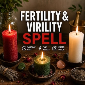 Puede incluir: Tres velas de pilar en rojo, verde y blanco, cada una encendida y colocada en un pequeño cuenco oscuro. El texto FERTILITY & VIRILITY SPELL está centrado arriba, con iconos de same day cast, fast results y photo proof debajo del texto.