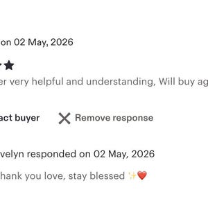 May include: A digital customer review interface featuring a five-star rating, the text 'Practitioner very helpful and understanding, Will buy again', and a seller response stating 'Thank you love, stay blessed' with a sparkle and heart emoji.