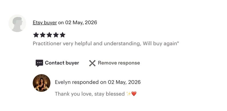 May include: A digital customer review interface featuring a five-star rating, the text 'Practitioner very helpful and understanding, Will buy again', and a seller response stating 'Thank you love, stay blessed' with a sparkle and heart emoji.