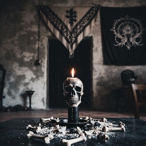 Może przedstawiać: Świecznik w kształcie czaszki z zapaloną świecą, otoczony kośćmi i popiołem. Świecznik jest czarny, a czaszka biała. Tło przedstawia mroczne, gotyckie dekoracje, w tym banery i kamienną ścianę.