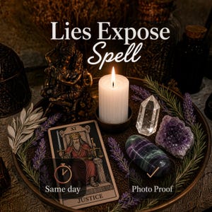 May include: A round tray holds a white pillar candle, a bronze-toned figurine, a Justice tarot card, a clear quartz point, an amethyst cluster, and a polished fluorite stone, surrounded by sprigs of lavender and dried leaves.