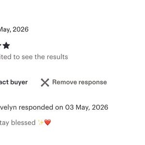 May include: A digital customer review interface featuring a five-star rating from Liz on 03 May, 2026, with the text I'm so excited to see the results. Below, a response from Evelyn on 03 May, 2026, reads stay blessed with a sparkle and heart emoji.